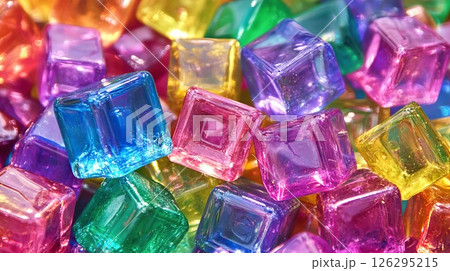 Colorful transparent plastic cubes in various arrangements and hues. 126295215