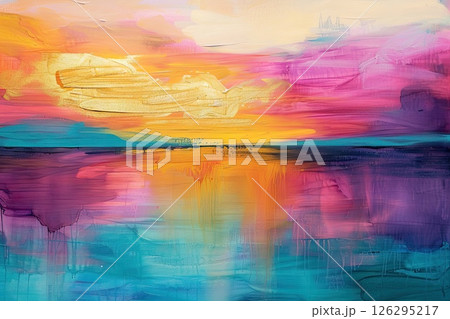 Vibrant gold foil painting of summer sunset and sunrise landscape. 126295217