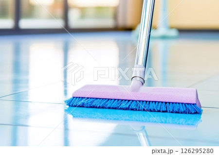 Close up of mop cleaning shiny tile floor in modern home interior. 126295280