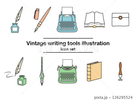 レトロな筆記用具アイコンセット｜万年筆 ガラスペン タイプライター 本 封蝋（カラー） 126295524