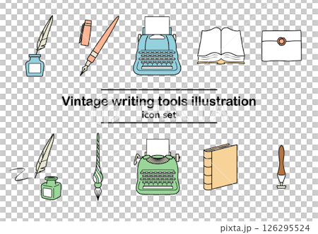 レトロな筆記用具アイコンセット｜万年筆 ガラスペン タイプライター 本 封蝋（カラー） 126295524