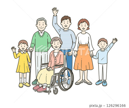 車いすのお婆さんを介助する三世代家族が集合した全身イラスト 車いすのお婆さんを介助する三世代家族が集合した全身イラスト 126296166