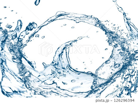 白い背景に抽象的な青い波と水しぶきが飛び散った3dイラスト 126296394