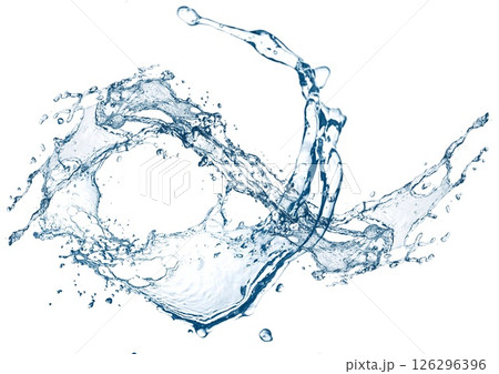 白い背景に抽象的な青い波と水しぶきが飛び散った3dイラスト 126296396