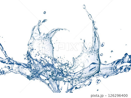 白い背景に抽象的な青い波と水しぶきが飛び散った3dイラスト 126296400