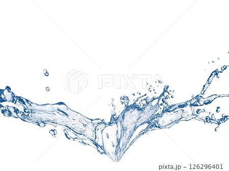 白い背景に抽象的な青い波と水しぶきが飛び散った3dイラスト 126296401