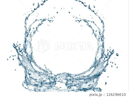 白い背景に抽象的な青い波と水しぶきが飛び散った3dイラスト 126296610
