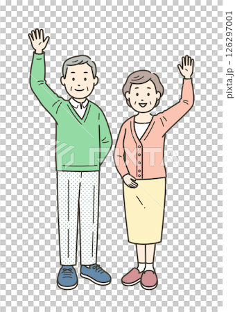 An elderly couple raising one hand and waving 126297001