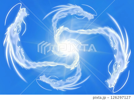 青空に渦巻く龍の形の雲の3dイラスト背景 126297127