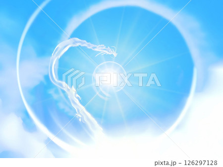 青空に渦巻く龍の形の雲の3dイラスト背景 126297128