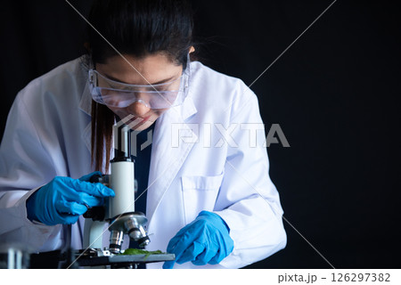 Science laboratory woman research for marijuana natural aromatic hemp oil  126297382
