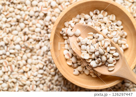 Dried Job's tears or adlay millet seeds in wooden bowl with scoop, Food ingredient, Top view 126297447