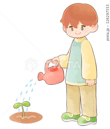 双葉にジョウロで水をあげる子供　男の子 126297553