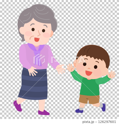 老年婦女與孫子玩插畫 老年婦女與孫子玩插畫 126297601