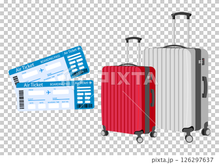 Going on a trip with plane tickets and suitcase 126297637