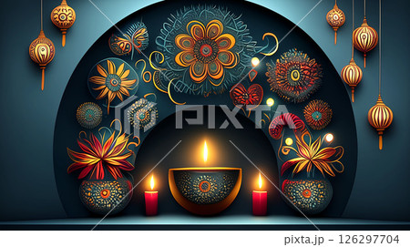 Artistic Diwali altar with glowing Diya lamps and intricate floral decorations 126297704
