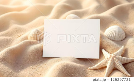 A Blank Card Set on a Sandy Beach Surrounded by Beautiful Seashells and Charming Starfish 126297721