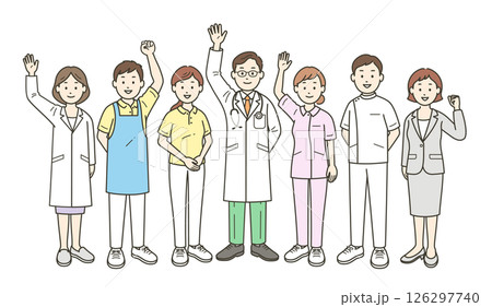 地域の社会福祉を支える医師と看護師と介護士とケアマネージャーと栄養士が集合した全身イラスト 126297740