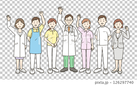 地域の社会福祉を支える医師と看護師と介護士とケアマネージャーと栄養士が集合した全身イラスト 126297740
