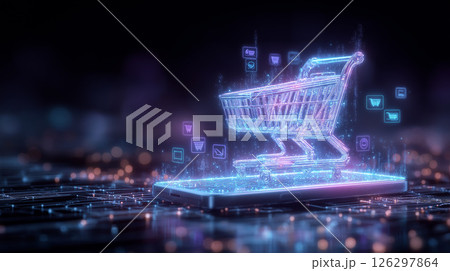 デジタルショッピングカートが浮かぶ未来型オンラインストア 126297864