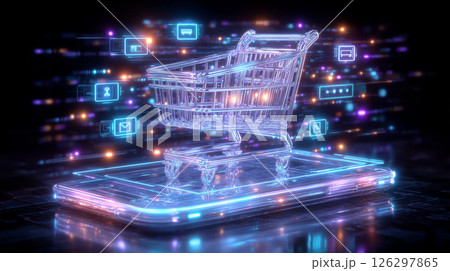 デジタルショッピングカートが浮かぶ未来型オンラインストア デジタルショッピングカートが浮かぶ未来型オンラインストア 126297865