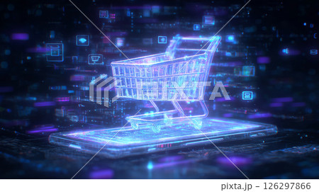 デジタルショッピングカートが浮かぶ未来型オンラインストア 126297866