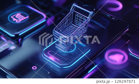 デジタルショッピングカートが浮かぶ未来型オンラインストア 126297871