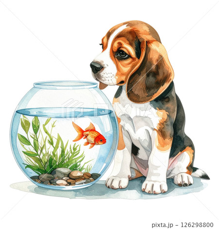 金魚鉢を見るビーグルの子犬のレトロなイラスト1／チラシやポスター用素材 126298800