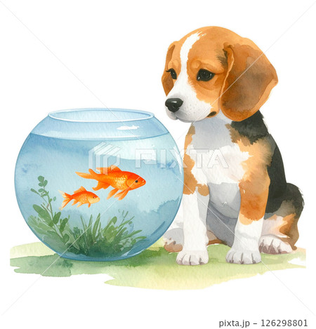 金魚鉢を見るビーグルの子犬のレトロなイラスト2/チラシやポスター用素材 金魚鉢を見るビーグルの子犬のレトロなイラスト2/チラシやポスター用素材 126298801