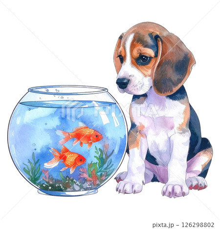 金魚鉢を見るビーグルの子犬のレトロなイラスト3／チラシやポスター用素材 126298802
