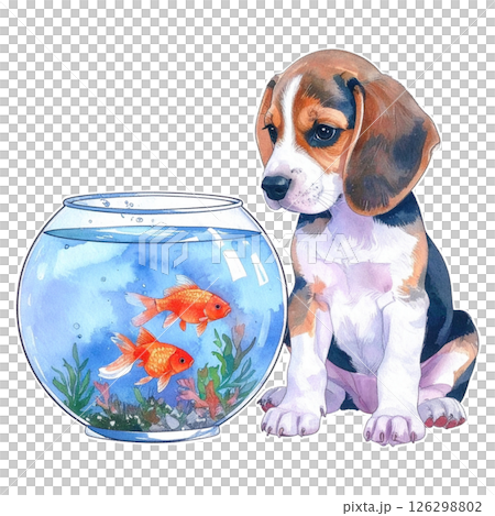 金魚鉢を見るビーグルの子犬のレトロなイラスト3／チラシやポスター用素材 126298802