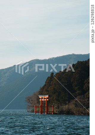 Red Torii Gate by Lake Ashi in Hakone Japan 126298818