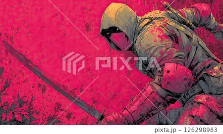 Masked warrior, hooded fighter, sword, stylized watercolor, red background, intense action Masked warrior, hooded fighter, sword, stylized watercolor, red background, intense action 126298983