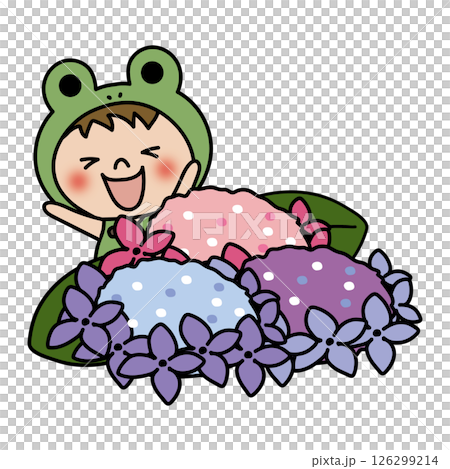 A child (boy 1) wearing a frog headgear looking at hydrangeas 126299214