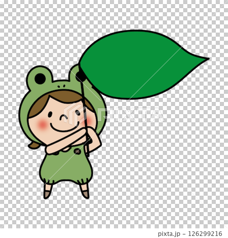 A child (girl 1) wearing a frog headgear and holding a large leaf 126299216