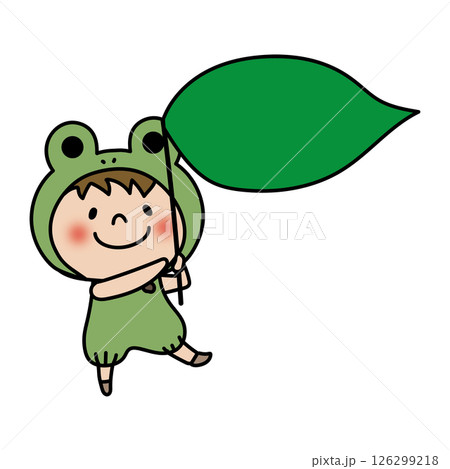 蛙の被り物をして大きな葉っぱを持っている子供(男の子1) 蛙の被り物をして大きな葉っぱを持っている子供(男の子1) 126299218