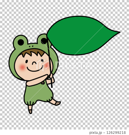 蛙の被り物をして大きな葉っぱを持っている子供(男の子1) 蛙の被り物をして大きな葉っぱを持っている子供(男の子1) 126299218
