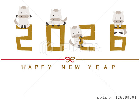 2026年賀状 Happy new year 水引き 横 金の2026と白馬 背景白 2026年賀状 Happy new year 水引き 横 金の2026と白馬 背景白 126299301