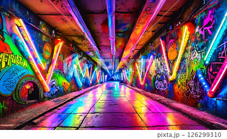 カラフルな地下通路の3dイラスト背景 126299310