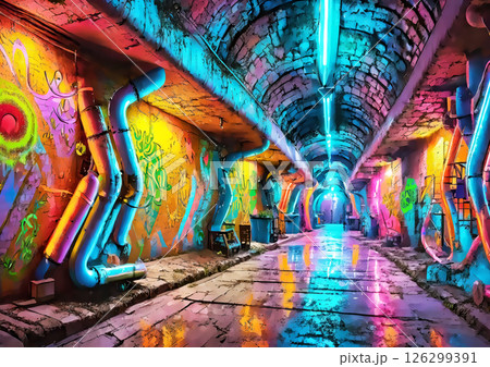 カラフルな装飾が施された地下通路の3dイラスト背景 126299391