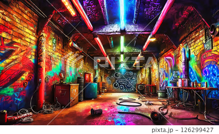 カラフルな地下通路の3dイラスト背景 126299427