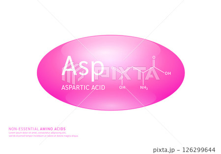 Non essential amino acids aspartic acid pink ellipse form with chemical structure on white background. For design supplement for the body and muscles. Medical Science. Vector EPS10. Non essential amino acids aspartic acid pink ellipse form with chemical structure on white background. For design supplement for the body and muscles. Medical Science. Vector EPS10. 126299644