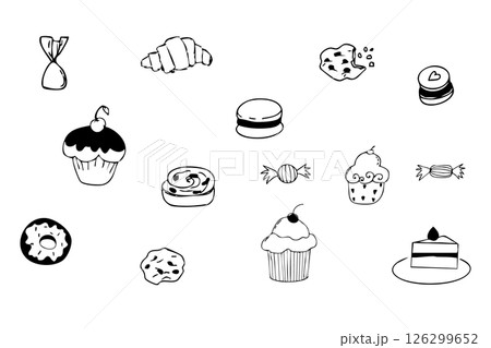 Dessert doodle icon set, breakfast bun, donut cupcake and candies sketch hand drawn. Line sweet food scribble texture cafe menu decorations. 126299652