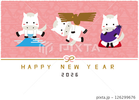 2026年賀状 Happy new year 水引き　初夢　背景ピンク 126299676