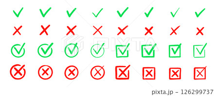 Check tick mark icon set. Cross box x check mark checkbox v list vector draw hand drawn sketch doodle brush marker checklist symbol wrong right circle. Vector 126299737