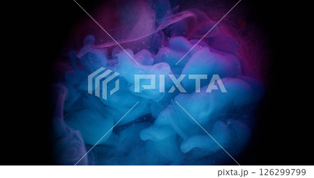 Mist art explosion. Fume blend. Blue purple mystic ink haze mix color particles cloud flow on defocused black abstract round frame background. Mist art explosion. Fume blend. Blue purple mystic ink haze mix color particles cloud flow on defocused black abstract round frame background. 126299799