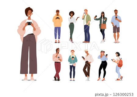 Modern men and women using phone for communication, group of teenagers with gadgets, set of flat cartoon vector characters isolated on white background. Modern men and women using phone for communication, group of teenagers with gadgets, set of flat cartoon vector characters isolated on white background. 126300253