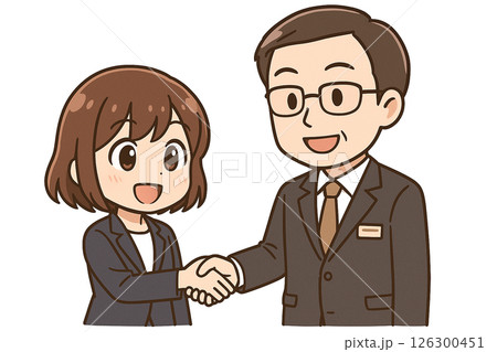 握手をするスーツ姿の男女、役所や行政との連携 126300451