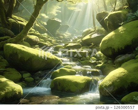 朝日が差し込む苔むす小川-6 朝日が差し込む苔むす小川-6 126300557