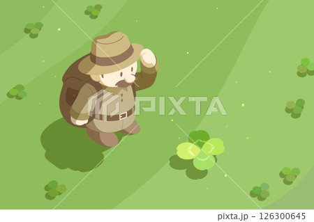探検家の男性キャラクターが四葉のクローバーを見つけたシーン、または幸福や幸せに関するベクターイラスト 126300645